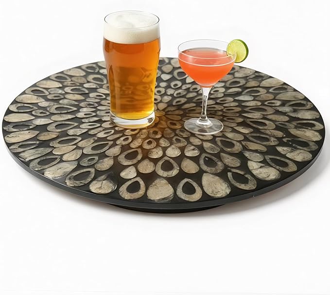 13.8" Mother of Pearl Lazy Susan Turnable Organizer, 360 Degree Round Table Countertop Decorative Spinning Tray for Kitchen Cabinet Counter Spice Pantry Dinner Table (Black Peacock Feather)
