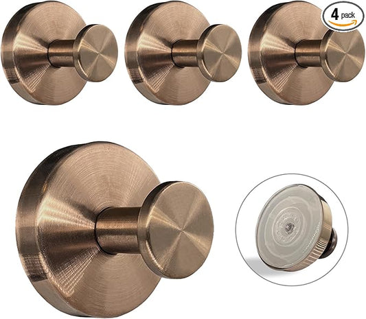Suction Cup Hooks for Shower - 4 Pack, Bronze - Stainless Steel, Strong Suction, No Drill, Removable Hanger, Tile Bathroom Kitchen Wall, Glass Door, Mirror Hook Hanging Robe, Towel Holder