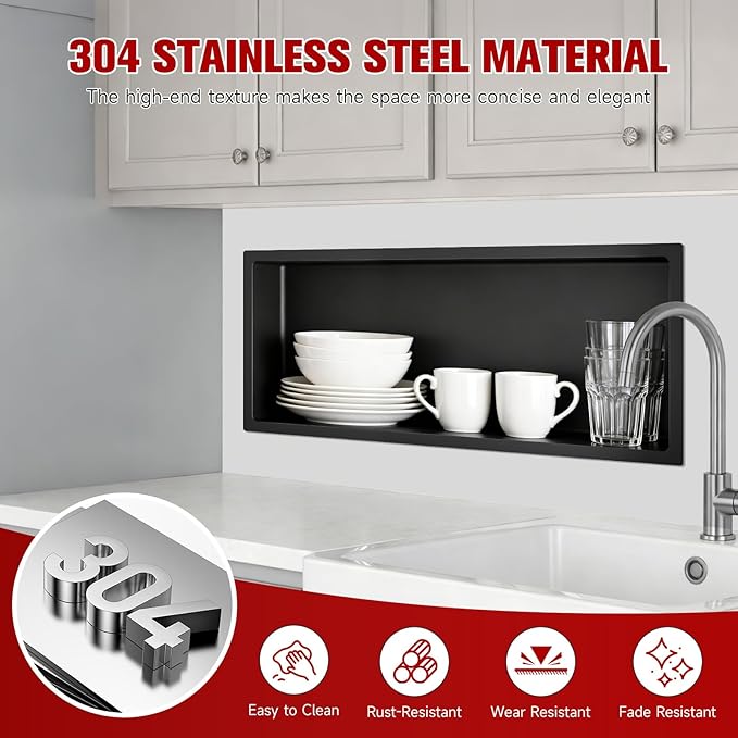 No Tile Needed Shower Niche 13"X 31", Bathroom Wall Niche Single Shelf, Stainless Steel Shower Niche for Bathroom, Kitchens, Balconies