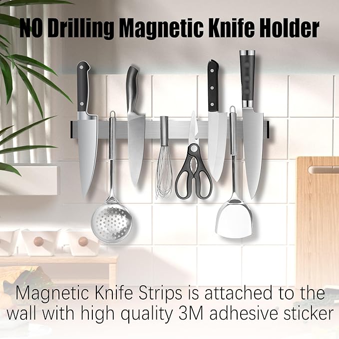 Magnetic Knife Holder for Wall - 12 Inch Stainless Steel Magnet Knife Strip No Drill with Adhesive Tape, Magnetic Knife Bar for Kitchen Utensil Organizer