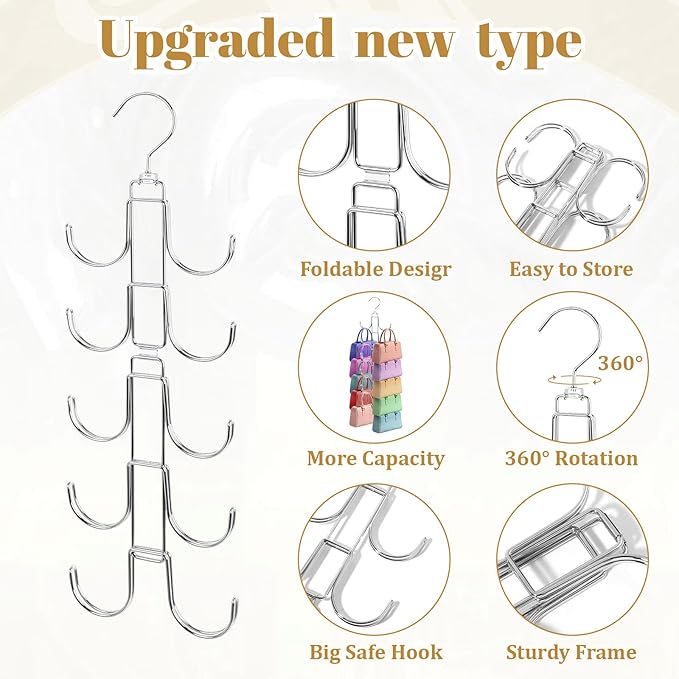 3Pack Purse Organizer for Closet, Stainless Steel Purse Holder Bag Hanger, Hanger Rack Space Saver with 10 Big Hooks for Handbags Belt Scarves Organizer&Display, 360 Degree Rotation