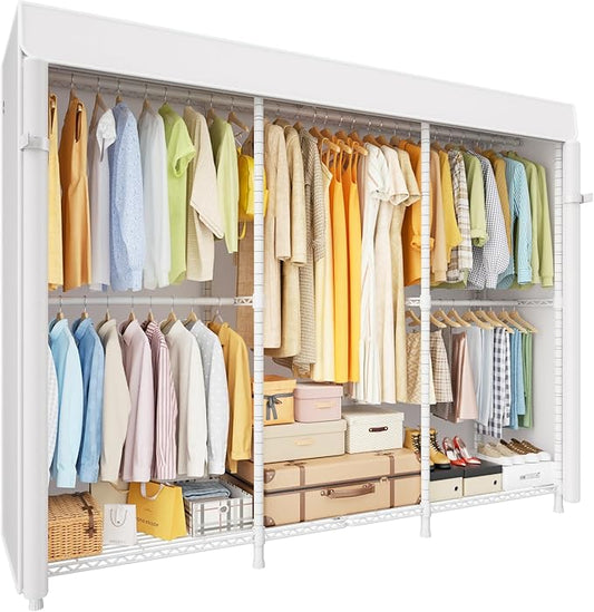 E14C Pro Heavy Duty Closet Organizer System，Freestanding Clothing Racks for Hanging Clothes，Adjustable Garment Rack 70.1"W × 16.6"D × 76.4"H Hold 960 lbs，White Rack with White Dustproof Cover