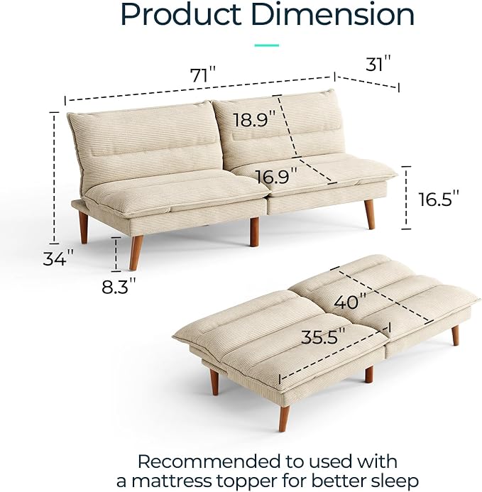 LINSY HOME Futon Sofa Bed - Convertible Corduroy Futon Couch Bed with Adjustable Backrest, Modern Small Loveseat Sleeper Sofa for Small Spaces, Living Room, Apartment or Office (Beige)