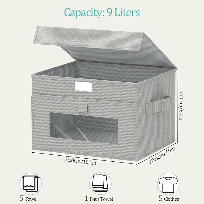 Transparent Window Storage Bin, Cube Organizer Basket with Flip-Top Lid and 2 Handles, Decorative Boxes with Cover, 4 Pack, Grey, 10.2 x 7.9 x 6.7 In, XSNY17GS-4