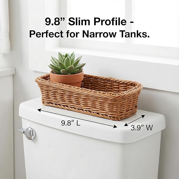 3 Pack Small Bathroom Vanity Trays, Waterproof Plastic Rattan Toilet Tank Organizers, 9.8" Slim Rectangular Topper Baskets for Guest Towel, Perfume & Candle, Washable Wicker Aesthetic (Honey Brown)