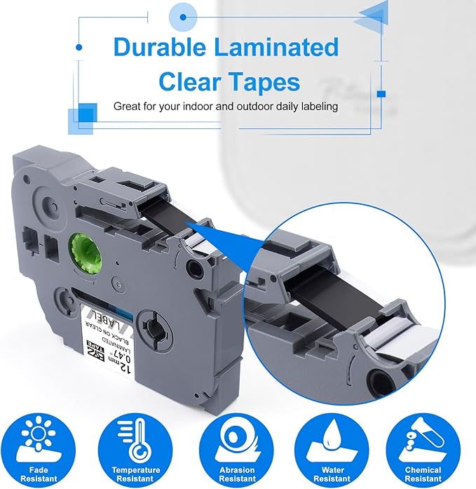 4 Pack 12mm .47 Laminated Clear TZ Tape Compatible for Brother Transparent Label Maker Tape TZe-131 TZe-135 Black/White on Clear for P Touch PT-D210 PT-D200 PT-H100 PT-1880