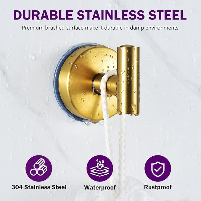 JOMOLA Suction Cup Hooks Stainless Steel Loofah Holder for Shower Bathroom Suction Towel Holder for Inside Shower Coat Hooks Wall Hanger for Door Glass Kitchen Brushed Gold 2Pcs