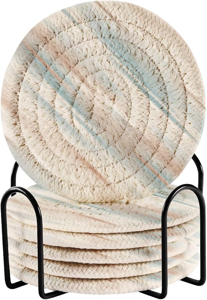 Minimalist Home Decor for Coffee Table, Kitchen, Drink Coasters, Earth Dye Stripes Handmade Cotton Absorbent Coaster Set of 6, Housewarming and Wedding Registry Ideas