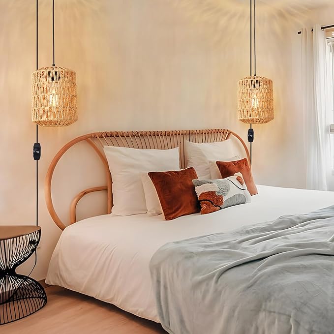 Plug in Pendant Light, Rattan Hanging Lights with Plug in Cord 15ft Dimmable Cord, Hand Woven Wicker Lampshade Hanging Lamp, Boho Plug in Hanging Ceiling Light Fixture for Farmhouse Bedroom