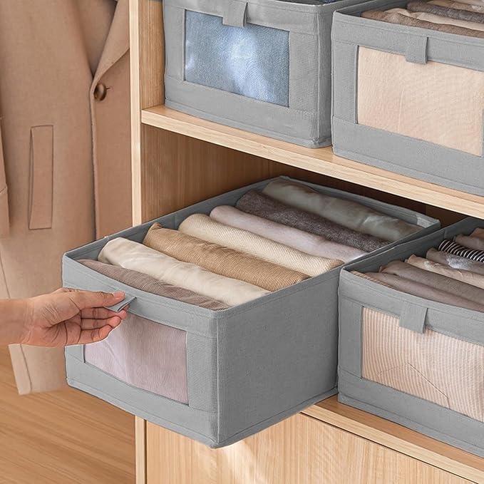 Linen Closet Organizers and Storage, 4 Pack Storage Bins Linen Clothing Organizer Baskets with Mesh Window, Foldable Closet Organizer for Clothing, Towels, Toys, Nursery, Books, Shelves (Grey)