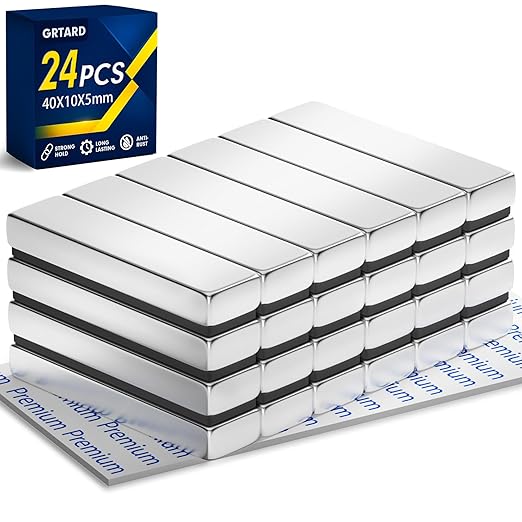 Grtard 24 Pack Neodymium Bar Magnets, Rare Earth Magnets Metal Neodymium Magnet with Double-Sided Adhesive for Fridge and Office Projects, 40x10x5mm(Silver)