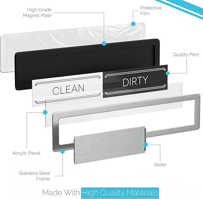 Stainless Steel Clean Dirty Magnet for Dishwasher, Magnetic Dishwasher Clean Dirty Sign with Protective Backing & Adhesives, Kitchen Organizers Decor, Premium Dirty Clean Dishwasher Magnet