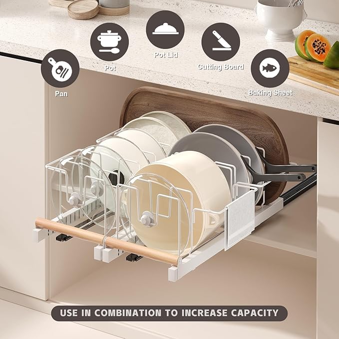 2 Pack Pull Out Pots and Pans Organizer Under Cabinet, 22" Deep Expandable Pot Lid Organizer and Storage with 10 Adjustable Dividers Adhesive Pot and Pan Holder Rack with Handle Bracket(White)