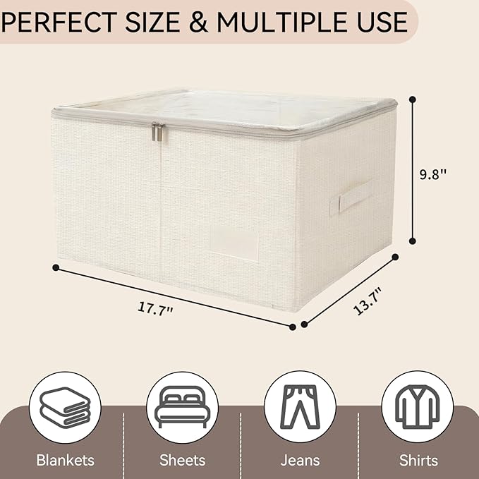 Large Fabric Storage Bins with Lid,Foldable Storage Boxes with Zipper&Clear Window,Closet Organizers and Storage Basket for Clothes Blanket Sheets,2-Pack