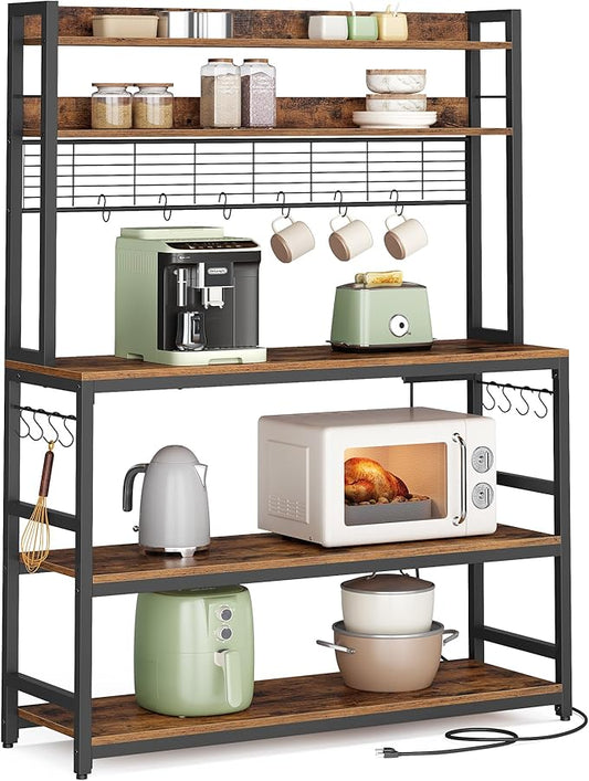 VASAGLE Bakers Rack with Power Outlet, Microwave Stand, Kitchen Tall Utility Storage Shelf, with Metal Wire Panel, 14 Hooks, 15.7 x 39.4 x 66.9 Inches, Rustic Brown and Ink Black UKKS038B01