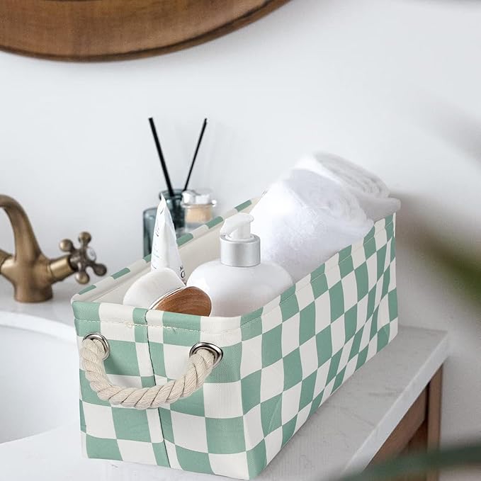 3Pcs Sage Green Checkered Canvas Basket, Small Rectangular Organizing Decorative Storage Basket for Kids, Dog Toy, Cute Aesthetic Checkered Room Decor for Home, Bedroom, Shelves (Green)