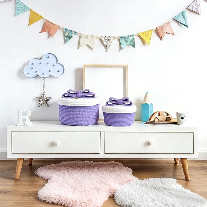 Cute Small Toy Box & Storage Baskets with Lids, Round Woven Rope Basket with Bunny & Bow Handle, Decorative Home Decor for Easter Gifts, Kids & Pets (Lavender)