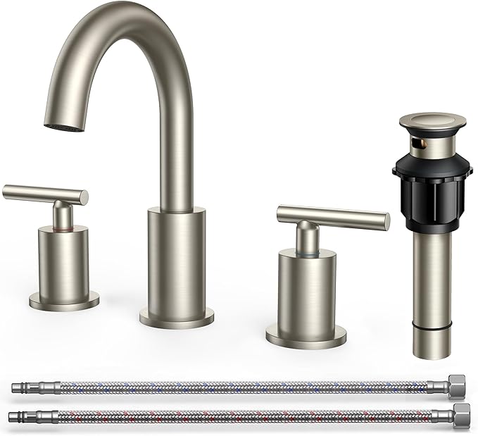 FORIOUS Brushed Nickel Bathroom Faucet 3 Hole with Metal Pop Up Drain and 24" Supply Hose, 2 Handle 8 Inch Widespread 3 Hole Vanity Faucet for Bathroom Sink Brush Nickel with 360° Swivel Spout