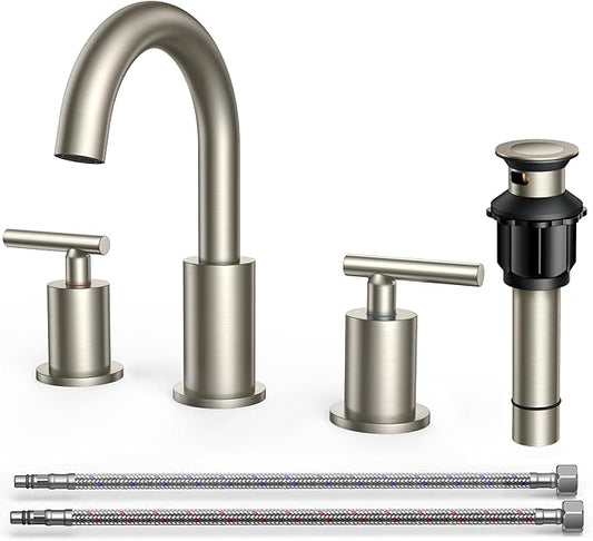 FORIOUS Brushed Nickel Bathroom Faucet 3 Hole with Metal Pop Up Drain and 24" Supply Hose, 2 Handle 8 Inch Widespread 3 Hole Vanity Faucet for Bathroom Sink Brush Nickel with 360° Swivel Spout