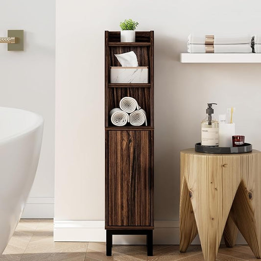 Small Bathroom Storage Cabinet, Corner Floor Cabinet with Door and Shelves, Narrow Toilet Paper Cabinet, Bathroom Organizer with Adjustable Shelf, for Small Spaces (Walnut)