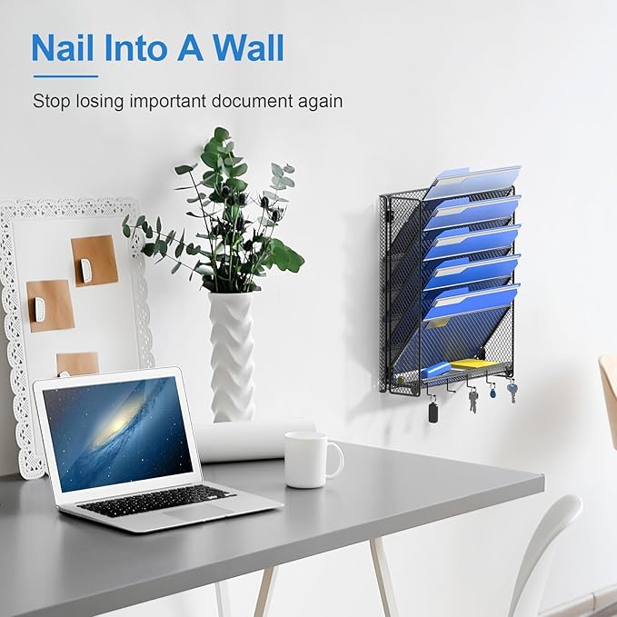 OUTWOLF Hanging Wall File Organizer with Hooks, 6 Tier Vertical Wall Mount File Holder, Paper Document Mail Organizer for Office