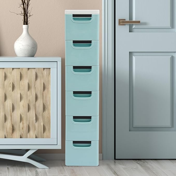 6 Drawers Storage Cabinet, Narrow Plastic Dresser, Rolling Organizer Cart, Mobile Slim Utility Cart on Wheels, Storage Drawer for Small Spaces (Blue)