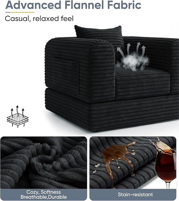 Versatile 2 In 1 Armchair Convertible Chaise Longue Small Couches Fomfy Bean Bag Chair for Small Spaces, Portable Chair Bed Comfy Floor Sofa Lounge Couch for Bedroom, Apartment, 1 Seater, Black