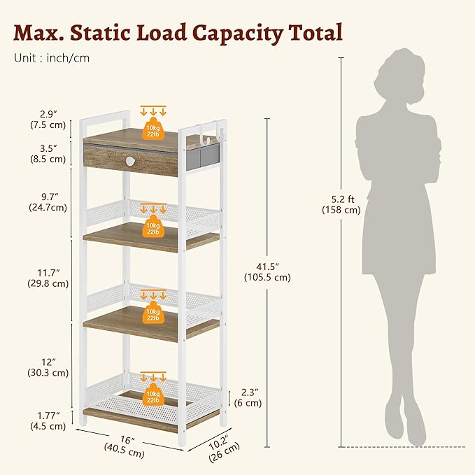 FAVOOSTY 4 Tier Ladder Shelf Stand, Bookshelf with Drawer Storage, Decorative Display Shelves Wood & Metal, Plant Shelf, Standing Shelf Unit for Living Room Bedroom Office Kitchen, White