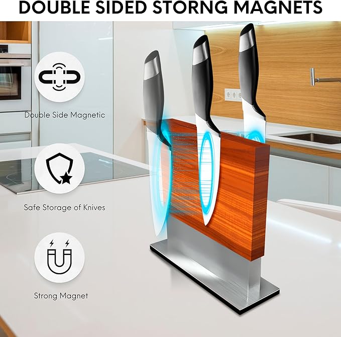 FOSSTA PRODUCTS Magnetic Knife Block – Acacia Wood Double-Sided Knife Holder with Steel Base & Strong Magnets, Modern Kitchen Knife Storage Stand (Knives Not Included)
