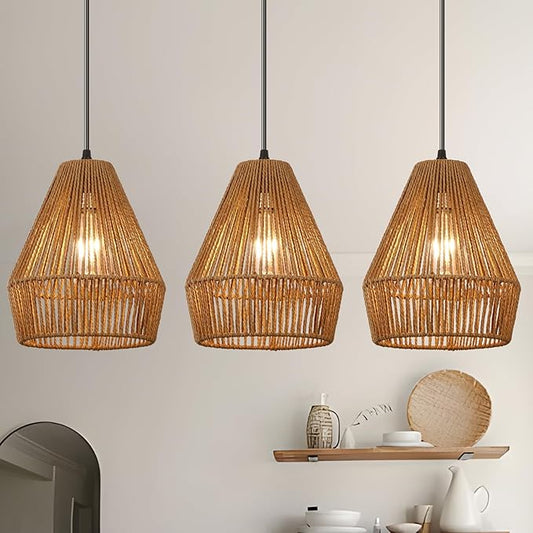 3 Packs Rattan Pendant Light, 9” Boho Hanging Light Fixture Kitchen Island, Natural Hand-Woven Pendant Light, Adjustable Farmhouse Chandelier For Kitchen Sink Island Bar Foyer Bedroom Dining Room
