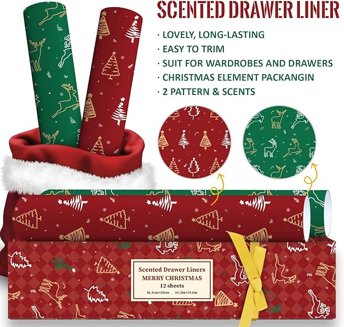 SCENTORINI Christmas Drawer Liners for Dresser, Set，Apple Cinnamon, Cedar, 12 Sheets for Home Shelf Closet Christmas Decoration Gifts
