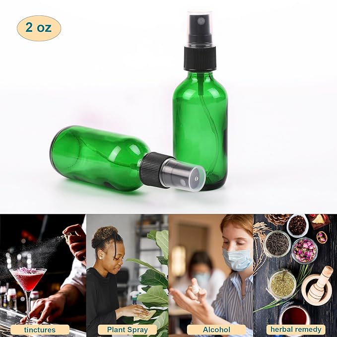 Green Glass Small Spray Bottle 2 oz 48 Packs,Fine Mist Sprayer Small Clear Bottles,Refillable Containers mini spray bottles for Cleaning Solutions and Skin Care (Green 48pcs)