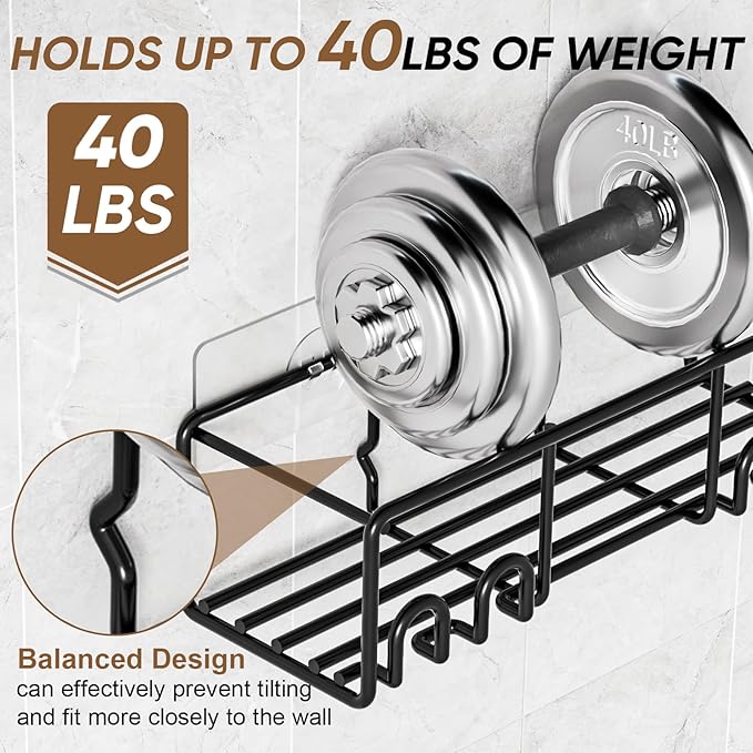 Adhesive Shower Caddy, Shower Shelves with Rustproof Coated, Wall Mounted Bathroom Organizer, Sleek Bathroom Organizers and Storage, No-Drilling (Black, 2 Pack)