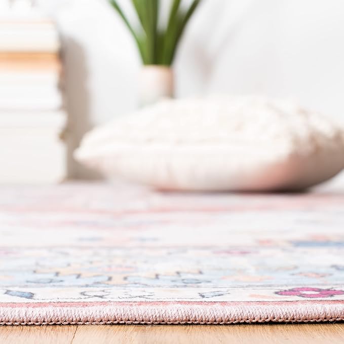 SAFAVIEH Washable Rug Tucson Collection - 4' Square, Beige & Blue, Slip Resistant & Easy to Clean, Ideal for Foyer, Kitchen, Nursery, Office, Bedroom (TSN109B)