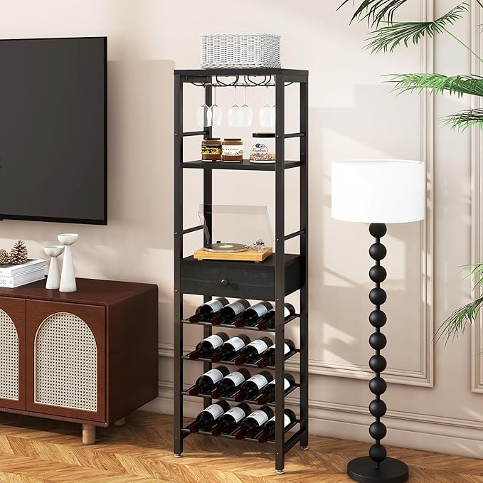 IBUYKE Wine Rack Freestanding Floor, Bar Cabinet for Liquor and Glasses,Coffee Bar Cabinet 4-Tier Wood bar Cabinet,Glass Holder and Storage Drawer for Home Bar Kitchen Living Room,Black UTMJ905B