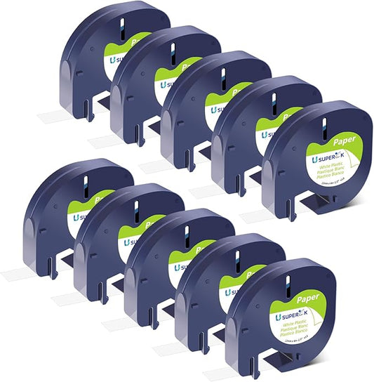 10 Pack Compatible for Dymo Label Maker Refills 91330 10697 S0721510 White Paper Label Tape 12mm x 4m for Dymo Letratag Refill 200B LT-100H LT-100T LT-110T LT-100H Plus QX50