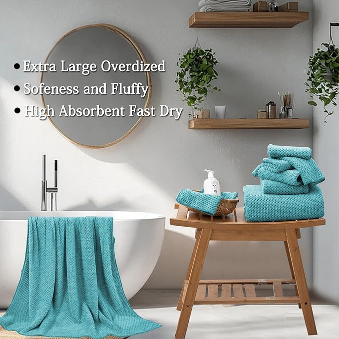 8-Piece Aqua Bath Towels Set,2 Oversized Large Bath Towels Sheet,2 Hand Towels and 4 Washcloths - 600 GSM Soft Luxury Towel Set,Highly Absorbent Quick Dry Towel Collection for Bathroom,Hotel and Spa