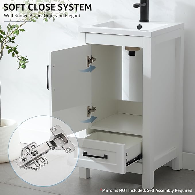 eclife 18" Bathroom Vanities with Sink Combo, Modern Thickened Wood Bathroom Storage Cabinet w/Undermount Sink, Matte Black Faucet Drain, Painted Surface, White