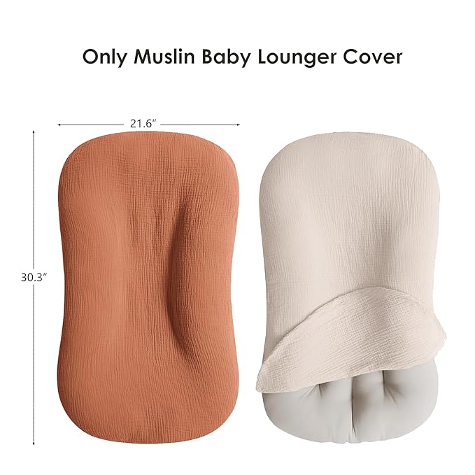 Muslin Baby Cover for Newborn, Soft and Breathable 100% Cotton Lounger Slipcover Neutral, Pack of 2(Caramel)