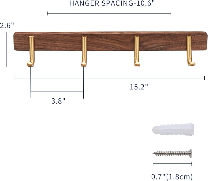 SARIHOSY] Wall Mounted Coat Rack,Multi Hook Hangers,Entryway Hanging Coat Rack,Metal Wood Coat Rail with 4 Hooks，Walnut Wood,zinc Alloy,Bedroom,Bathroom,Foyer,Living Room,Metal Household Items