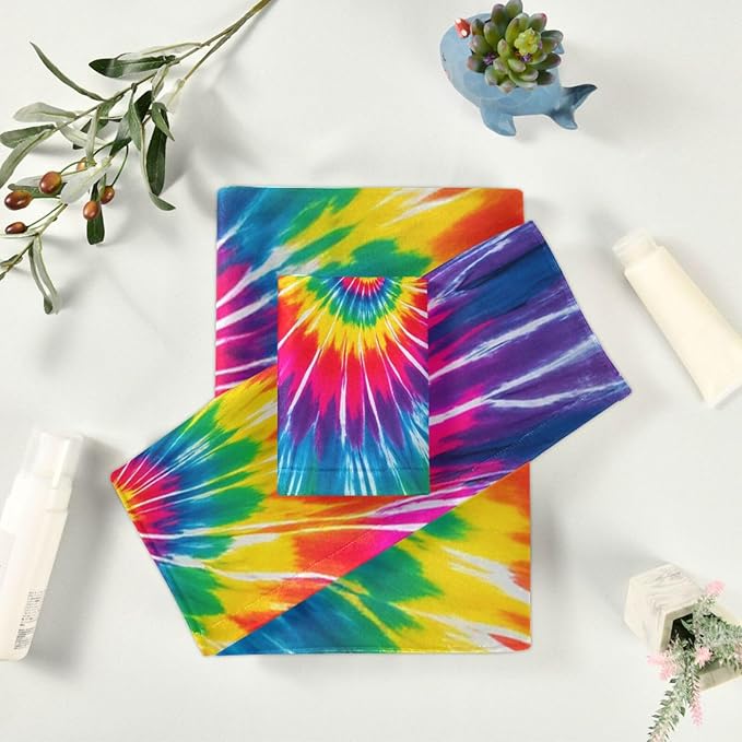 Tie Dye Towels Set of 3 Rainbow Hippie Colors Bathroom Towel Soft Absorbent Chic Abstract Swirl Bath Hand Towels Washcloth Guest Towel Sets Bathroom Decorations