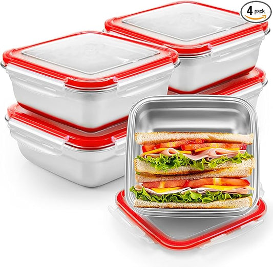 4 Pack Stainless Steel Sandwich Containers with Lids 25.4 oz Metal Food Container for Lunch Boxes with Airtight Silicone Seal for Sandwiches and Snacks(Red)