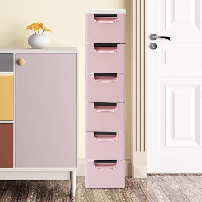 6 Drawers Narrow Slim Plastic Storage Cabinet,Storage Drawer with Wheels,6 Tier Drawers Dresser,Rolling Narrow Cabinet for Small Spaces Bathroom Kitchen Bedroom Living Room,Pink