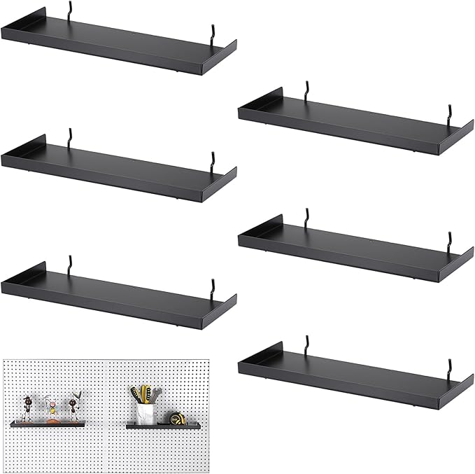 Kokone 6 Pack Pegboard Shelves with Lip Around The Edge, 12x4 Flat Display Shelves for Pegboard Storing or Displaying, Wall Pegboard Shelves Accessories Steel Tray for Garage Workshop Craft Room