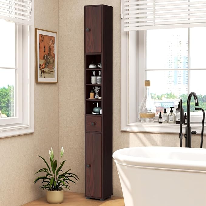 GOFLAME 71” Tall Bathroom Storage Cabinet, Narrow Freestanding Organizer with 1 Drawer, 2 Doors & 5 Open Shelves, Slim Bathroom Cabinet for Small Space, 8" x 8" x 71", Brown