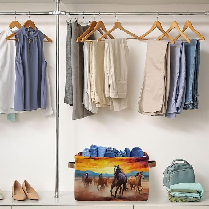 Storage Basket Horse Rectangular Collapsible Canvas Shelves Storage Bins with Leather Handles for Shelves Home Closet Bedroom Living Room, 1Pack