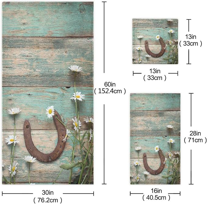 Rustic Western Horseshoe Bath Towels Set,Absorbent Soft 3 Piece Teal White Daisy Flower Wooden Barn Plank Towels for Bathroom,1 Bath Towel 1 Hand Towel 1 Washcloth,Decoractive Bathroom Towels