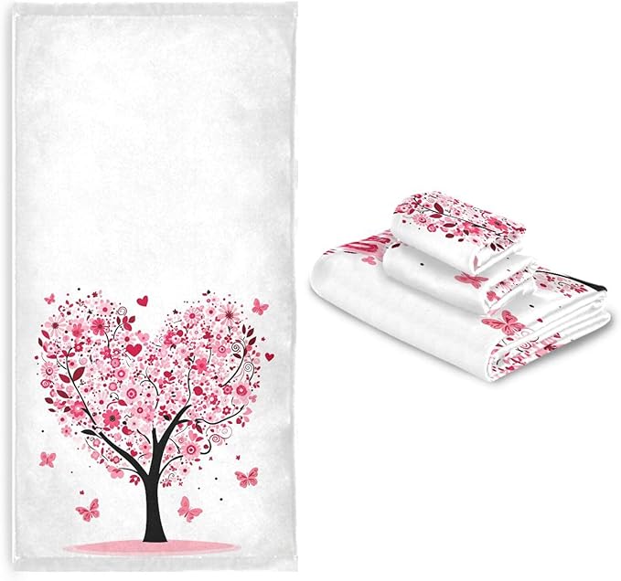 Pink Flowers Heart Tree Towels Set of 3 Romantic Love Spring Trees Butterfly Bathroom Towel Soft Absorbent Bath Hand Towels Washcloth Guest Towel Sets Mother's Valentine's Day Decorations