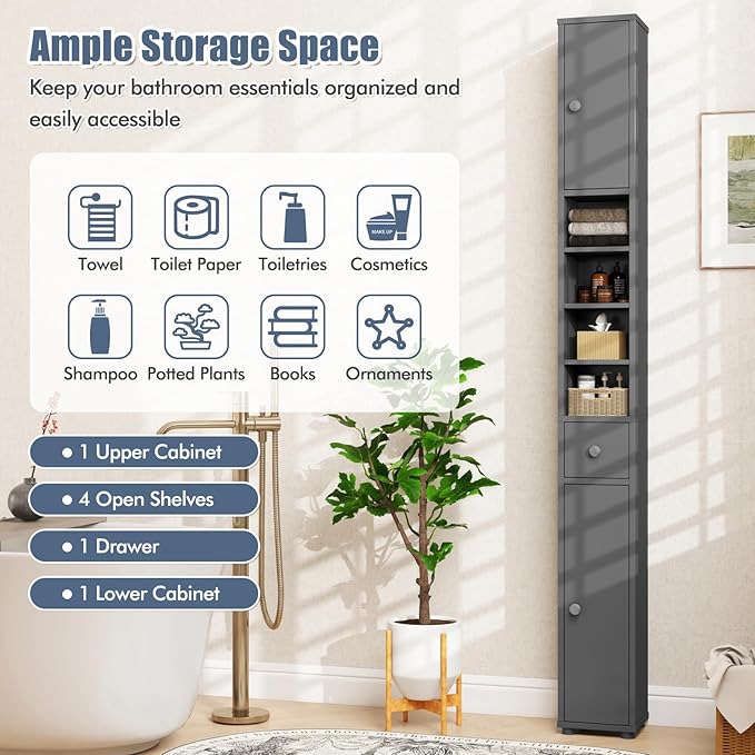 LDAILY 71”Tall Narrow Storage Cabinet, Skinny Bathroom Storage with 1 Drawer, 2 Doors, 5 Adjustable Shelves and Anti-Tipping Device, Wooden Slim Bathroom Cabinet for Office, Kitchen, Small Space