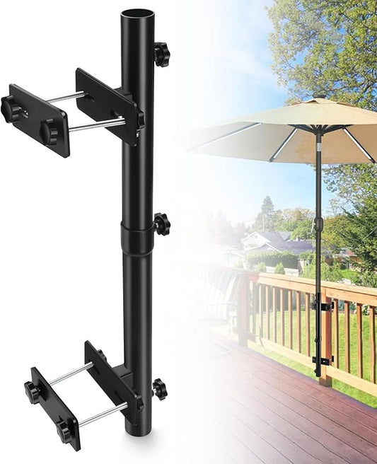 Patio Umbrella Holder for Deck Railing, Adjustable Deck Umbrella Mount Outdoor, Attachable to Railing Mounting Brackets - Upgraded 3 Screws to Secure Umbrella Handle, Maximizes Deck Space (Dark)